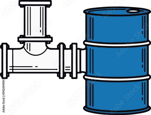 A blue barrel is connected to a pipe junction, a graphic illustration
