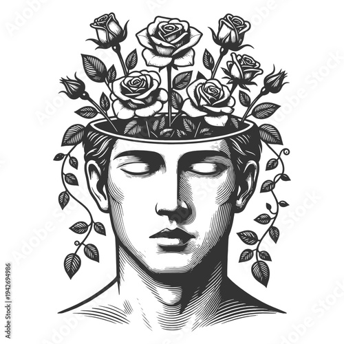 human head opened with roses growing inside, creativity, emotions, mental growth, beauty, and inner thoughts sketch engraving generative ai vector illustration. Scratch board. Black and white image.