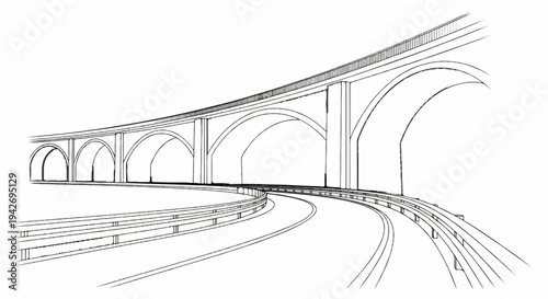 A sketched curving viaduct with arched supports and a road