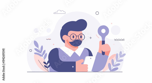 A masked person with glasses holds a phone and a tool, with abstract shapes