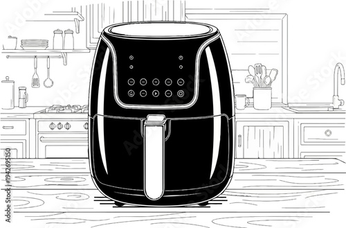 A black air fryer sits on a wooden counter in a line-art kitchen