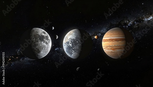 Celestial bodies displayed, including moon, Jupiter, and distant stars