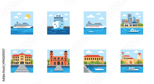 Cruise ship and landmark icon series featuring coastal architecture and seafaring vessels