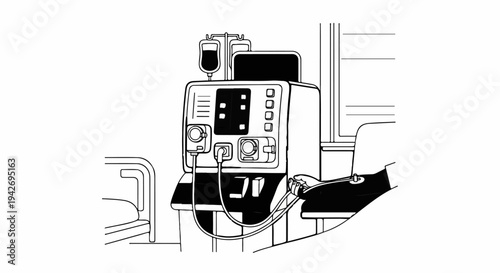 A medical machine provides dialysis treatment to a patient in a hospital bed