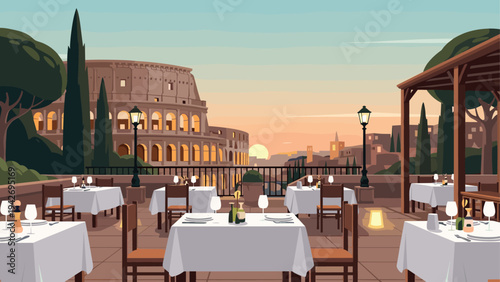 Charming terrace dining in rome overlooking the colosseum at sunset