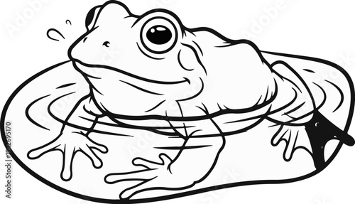 A black and white cartoon of a frog with big eyes on a lily pad