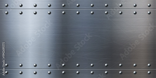 Metal background with steel rivets and brushed texture, 3d realistic vector banner. Silver aluminum sheet with bolts, military aircraft panel, iron border design template, industrial stainless frame