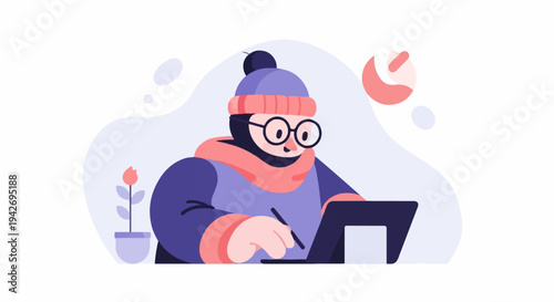 A person wearing a hat and scarf uses a tablet with a stylus