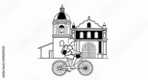 A boy on a bicycle rides past a church with a bell tower and dome