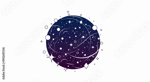 A circular cosmic scene with a gradient of dark blues and purples filled with stars