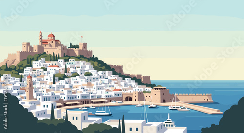 Scenic coastal town with historic castle and marina in flat design