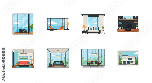 Modern interior designs with large windows and scenic views in flat style