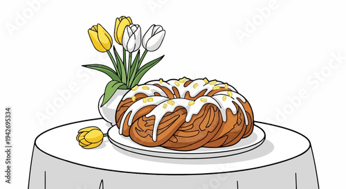 A braided cake with white frosting and yellow toppings sits on a plate
