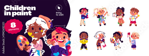 Set of cute kids in paint. Funny children are dirty with dye. Happy little painters with colourful spots, strokes on faces, hands. Child art and creativity. Flat isolated vector illustration on white