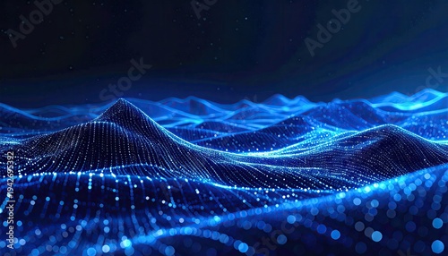 Abstract blue digital landscape with dotted lines and a dark starry sky