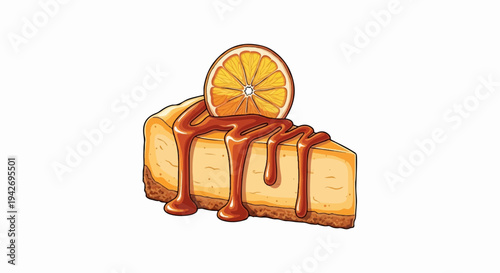 A slice of rich cheesecake drizzled with caramel sauce and topped with an orange slice