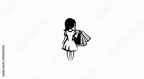 A black and white drawing of a woman holding shopping bags