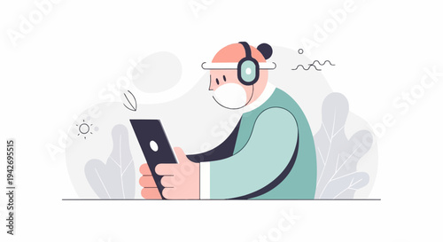 A person wearing headphones and a mask looks at a smartphone with plants in the background