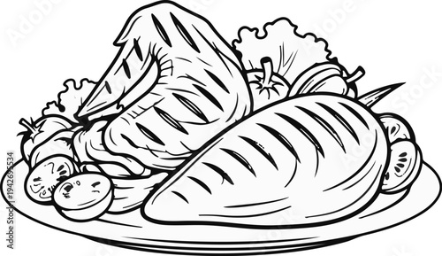 A black and white drawing of grilled chicken and vegetables on a plate