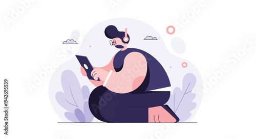 A person wearing headphones and glasses uses a tablet while sitting