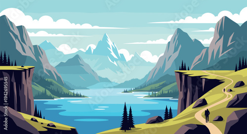 Scenic mountain landscape with hiker on trail and serene lake in flat design