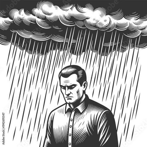 solitary man standing beneath dark storm clouds and heavy rn, depression, hardship, and emotional struggle sketch engraving vector illustration. Scratch board. Black and white image.