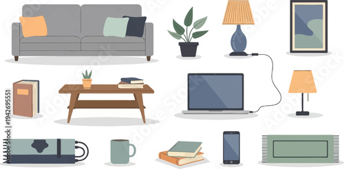 A minimalist collection of home decor and technology items