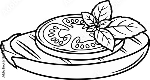 A slice of tomato with basil leaves on a rustic surface