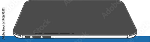 A minimalist dark gray tablet device with rounded corners rests on a blue surface