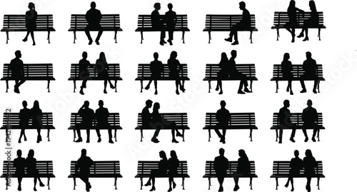Black, silhouettes, of, people, sitting, on, park, benches, in, various, groups, and, alone, isolated, on, white, background, urban, lifestyle, vector.