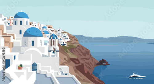 Scenic santorini seaside with white architecture and blue domes
