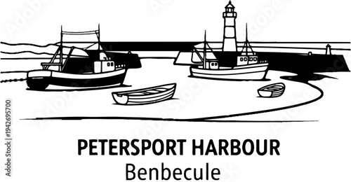 A black and white drawing of a harbor with boats, a lighthouse, and text