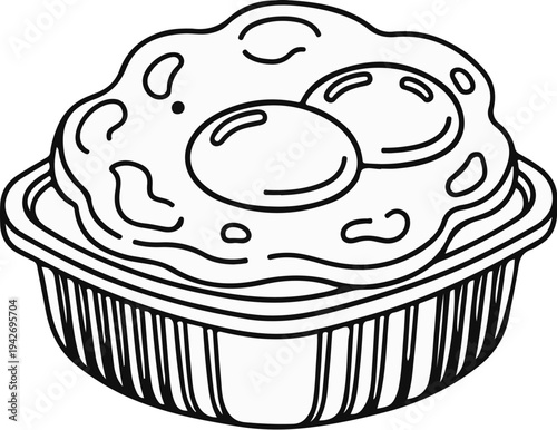 A simple black and white line drawing of scrambled eggs in a square container