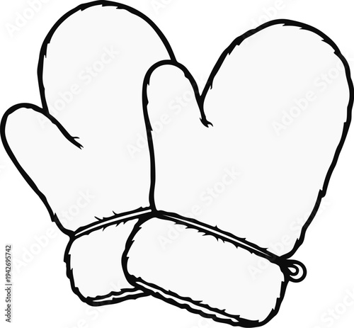 A simple black and white line drawing of two cozy mittens