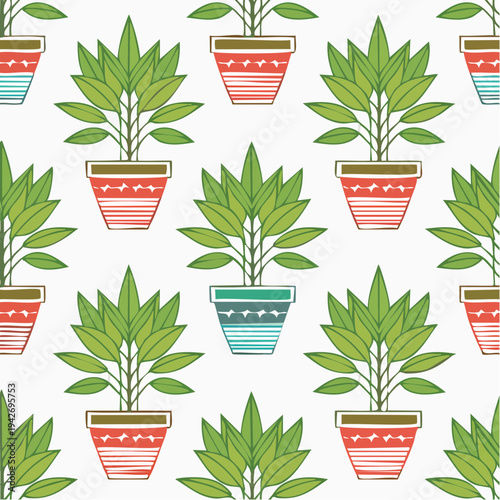 Line art houseplant mascot in mid-century pot, repeating pattern tile variant
