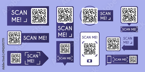QR code scanner icons set isolated on background. Vector realistic set of smartphone screen and scan me frames with digital barcode for mobile payment, product verification, modern business technology