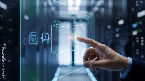 A businessman using a finger to activate a glowing holographic compliance check interface in a high-tech server room