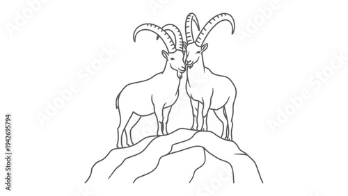 Majestic Mountain Goats: Two elegant mountain goats stand atop a rugged, stony peak, their magnificent horns and strong presence embodying resilience and the spirit of the mountains.