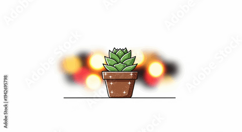 A small green succulent in a brown pot sparkles against a bokeh light background