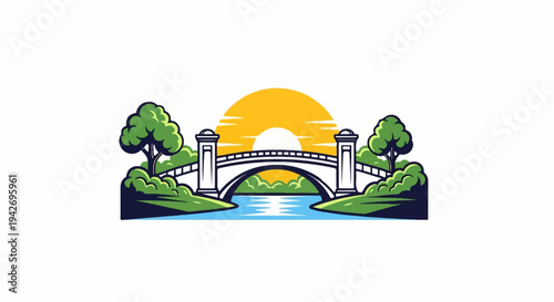 A classic bridge spans a river under a warm, setting sun