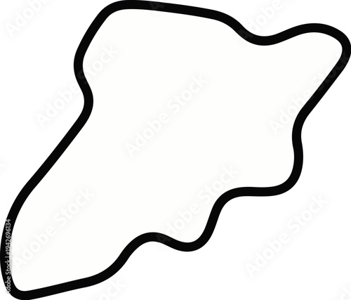 A simple black outline of a winding race track on a white background