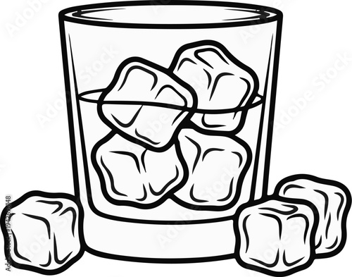 A clear glass filled with liquid and ice cubes, with more ice cubes around it