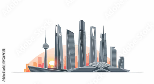 A modern cityscape with tall skyscrapers and a sunset glow