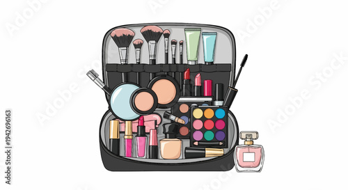 A collection of makeup products and brushes spills out of an open bag