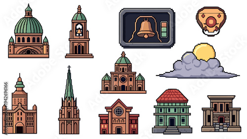 Pixel art building collection with bell and hot air balloon designs