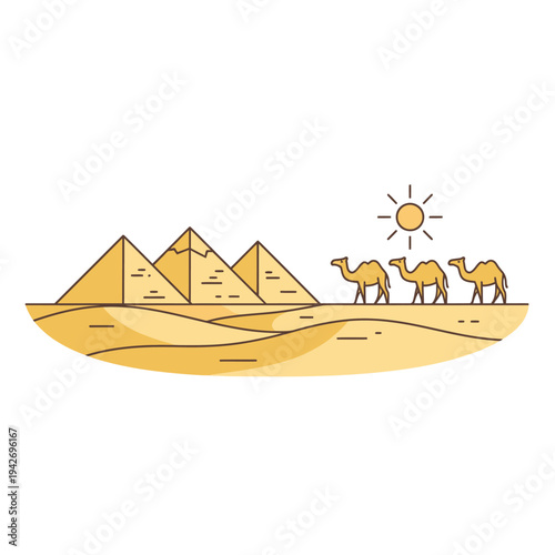 Camels walking past Egyptian pyramids under the sun.