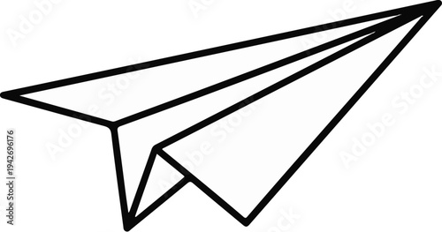 A simple black line drawing of a paper airplane in flight against a white background