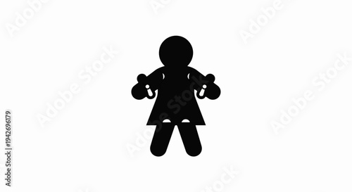 A simple black silhouette of a female figure in a dress with arms outstretched