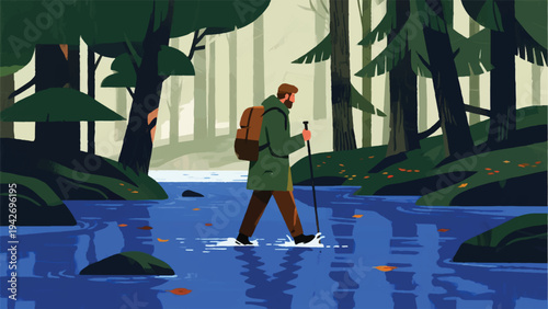 Illustration Of An Adventurer Crossing A Shallow River With A Travel Stick Vector Design Template