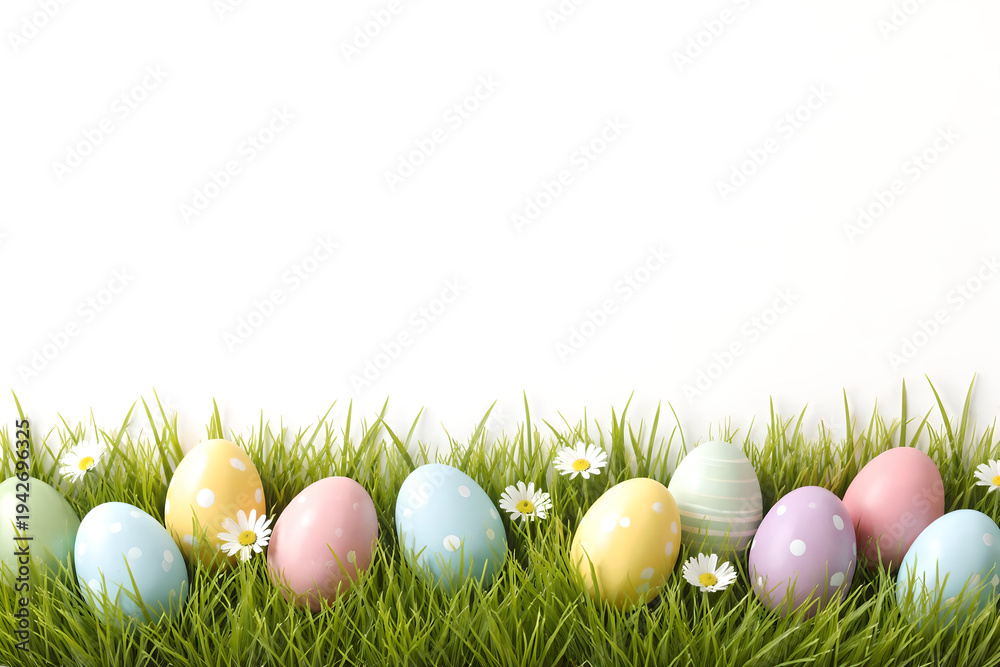 Fototapeta premium A vibrant arrangement of pastel colored easter eggs nestled in lush green grass with delicate white daisies creating a spring scene high quality professional
